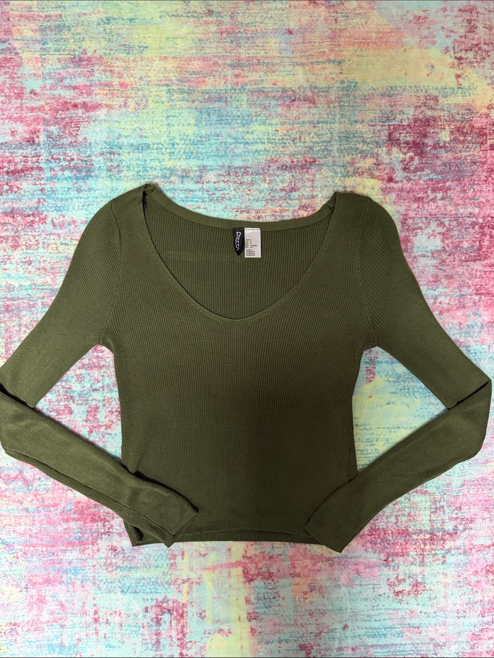 Divided Olive Ribbed V-Neck Long Sleeve Top